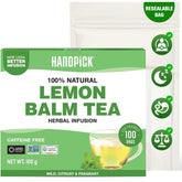 HANDPICK front packaging showing 100-count lemon balm tea and clear product info