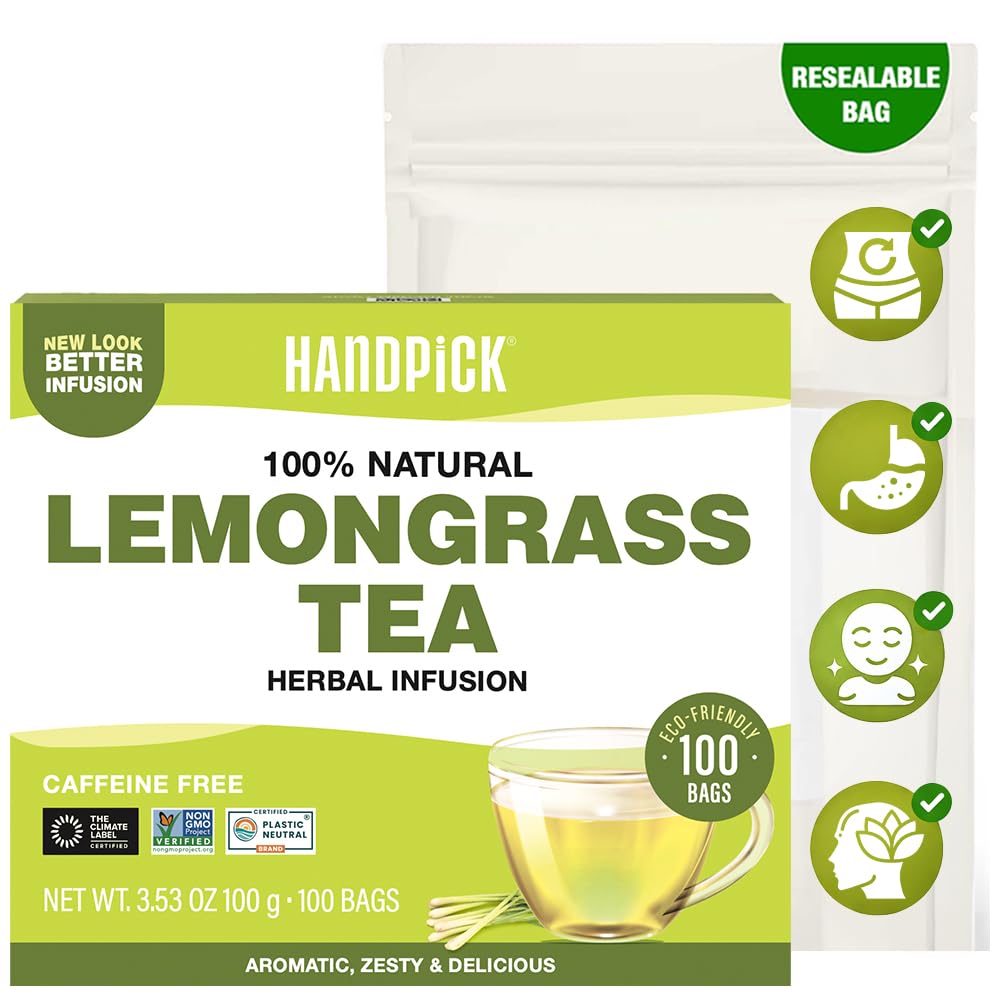 HANDPICK front packaging showing 100-count lemongrass tea bags and clear branding benefit