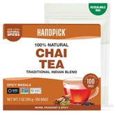 HANDPICK front packaging showing bold masala chai branding and 100 count convenience