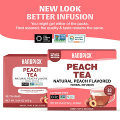 HANDPICK tea bag close-up displaying round eco bag and easy steeping benefit