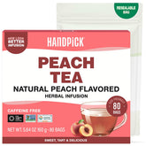 HANDPICK front packaging showing 80-count peach tea, clear benefit of freshness