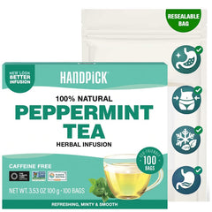 HANDPICK front packaging showing 100-count peppermint tea and sustainable message