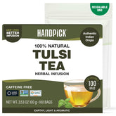HANDPICK front box display showing 100-count Tulsi tea bags and eco message