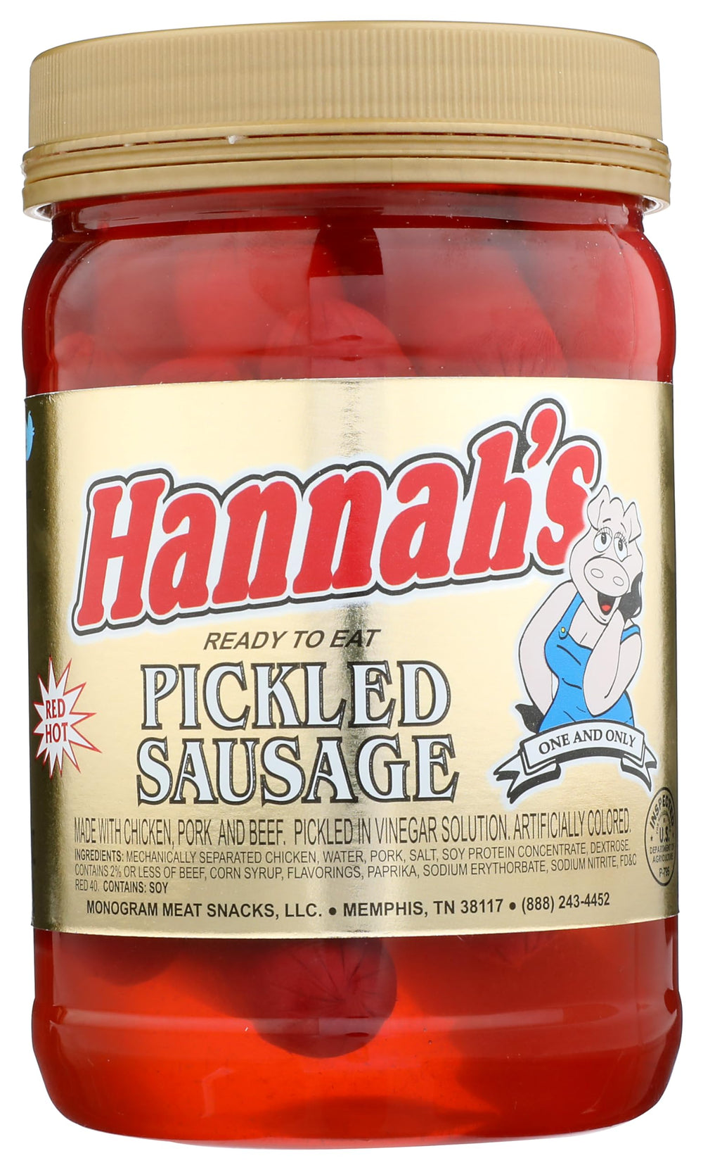Hannah's jar front view showing pickled sausage and label, convenient ready-to-eat snack