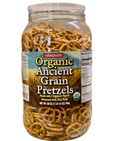 Hanover spelt pretzels front barrel showing package and resealable lid, convenient storage benefit