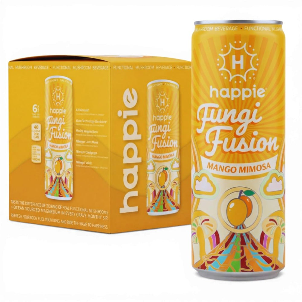 Happie Fungi Fusion front packaging showing mango mimosa flavor and benefits
