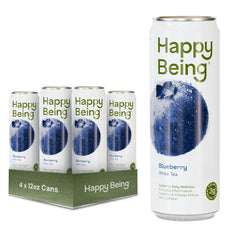 happy being front can showing blueberry white tea and vibrant label, appealing refreshment