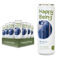 Happy Being front can showing blueberry white tea branding and refreshing look