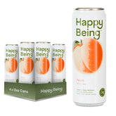 happy being front packaging showing peach white tea 4-pack and low sugar benefit