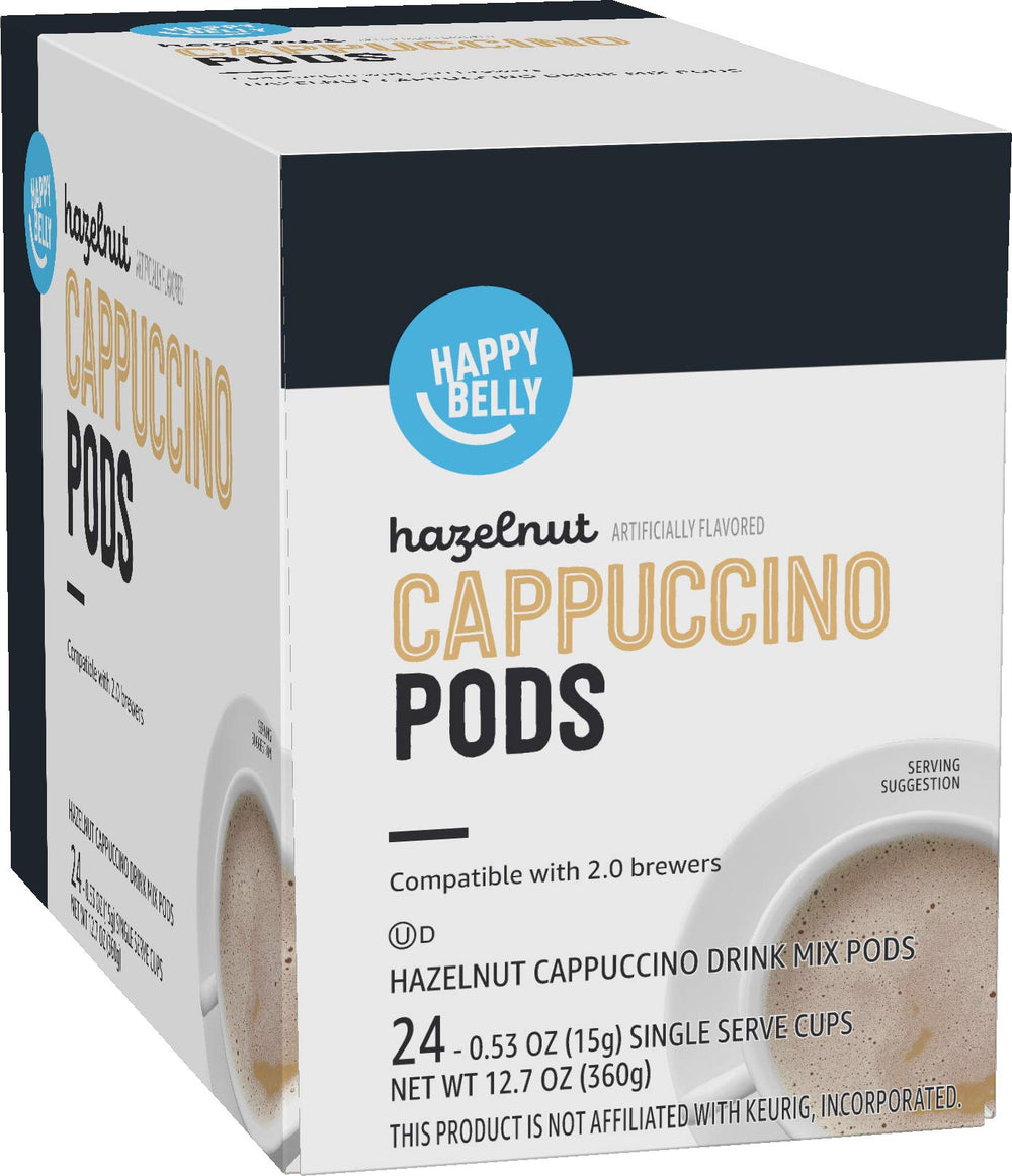 Happy Belly hazelnut cappuccino front packaging showing 24-count box and benefits