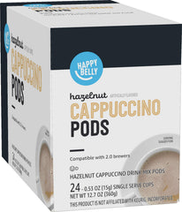 Happy Belly hazelnut cappuccino front packaging showing 24-count box and benefits