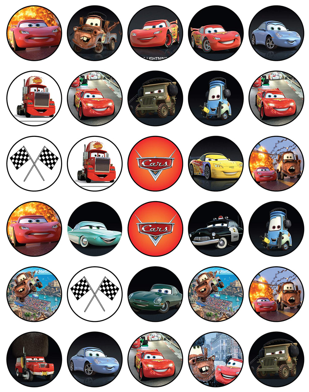 HAPPY CHOICES front wafer sheet showcasing 30 racing car toppers for quick decorating