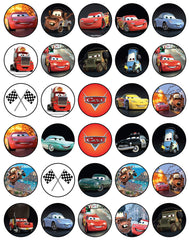 HAPPY CHOICES front wafer sheet showcasing 30 racing car toppers for quick decorating