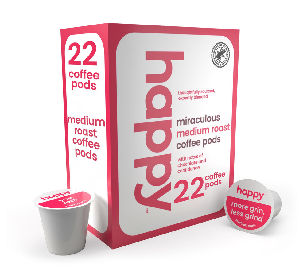 We Are Happy front packaging showing 22-count pods and clear branding benefit convenience