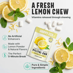 HAPPY ECO label and ingredient list showing natural chicle and xylitol benefits