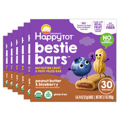 HAPPYTOT front packaging showing organic peanut butter blueberry bars and benefits