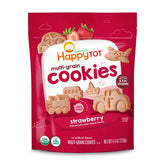 HAPPYTOT front packaging showing strawberry multi-grain cookies and benefits