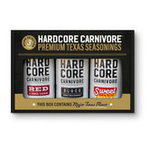 Hardcore Carnivore front packaging showing three full-size Texas rubs and gift-ready presentation