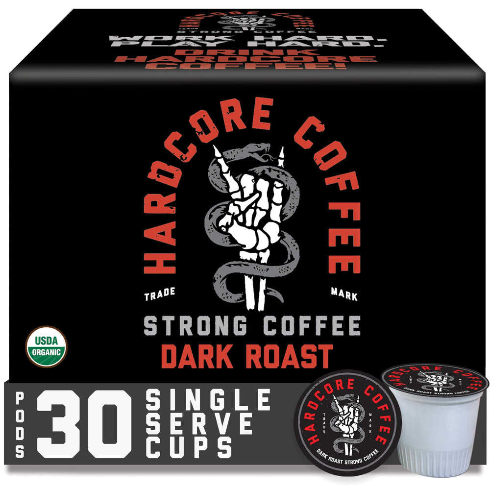 Hardcore Coffee front packaging showing 30-count pods and brand benefit