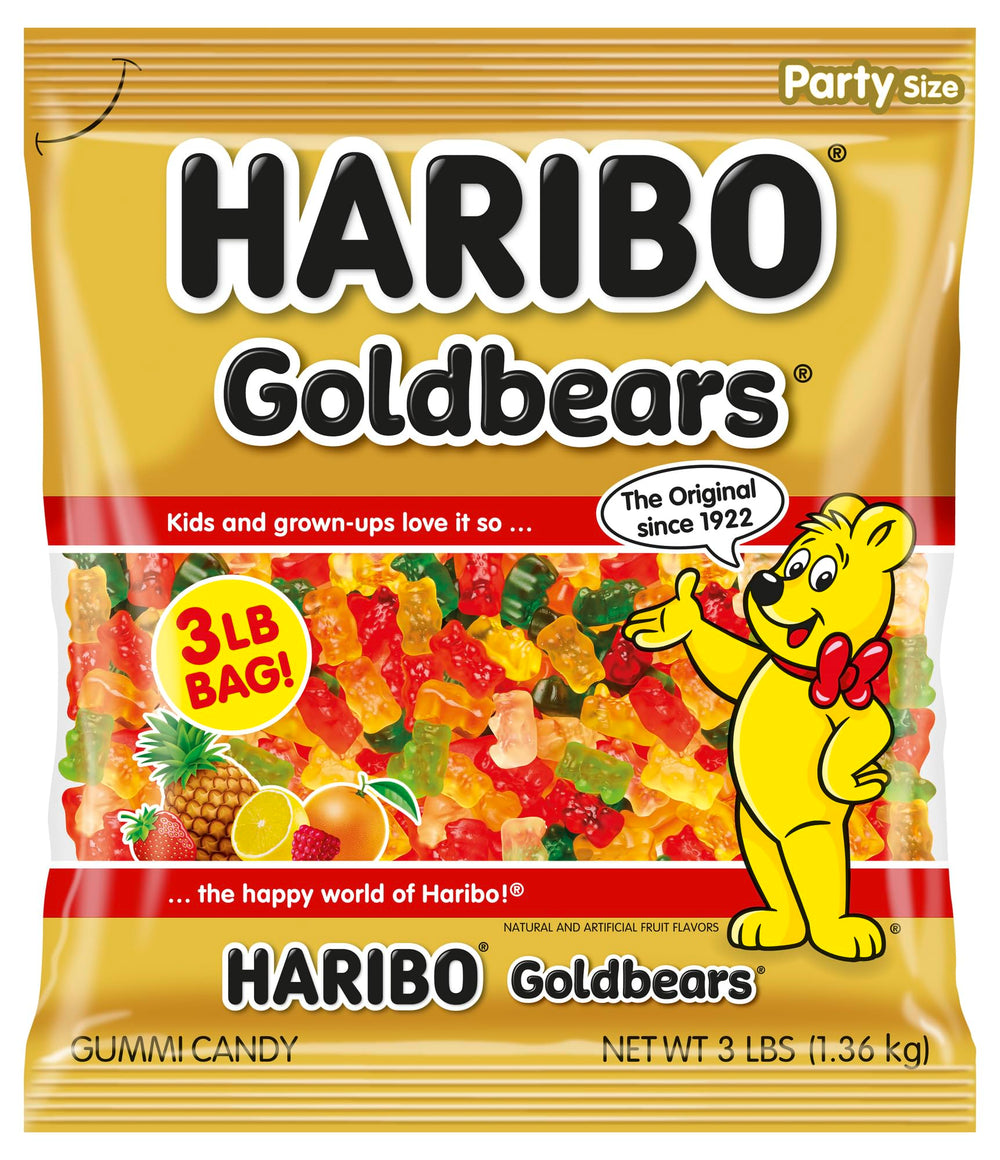 HARIBO Goldbears front packaging showing bulk bag and five flavors for sharing