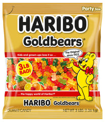 HARIBO Goldbears front packaging showing bulk bag and five flavors for sharing
