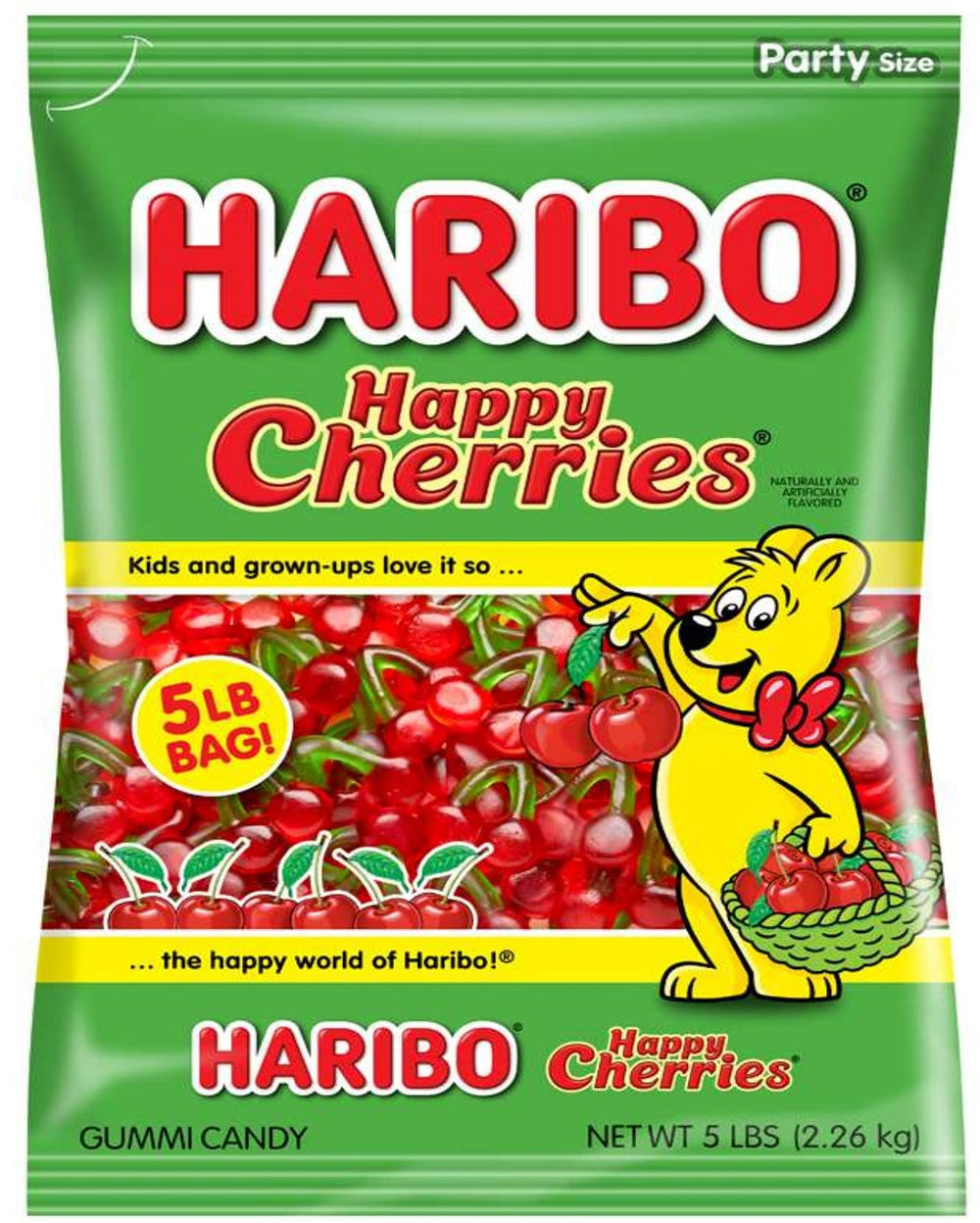 HARIBO Happy Cherries front packaging showing 5 lb bag and branding benefit convenience