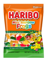HARIBO front packaging showing colorful Mini Rainbow Frogs, convenient multi-pack benefit