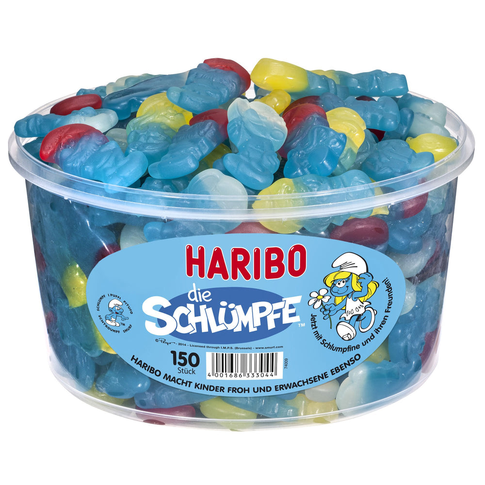 Haribo tub front view showing Smurf gummies, brand and portioning benefit
