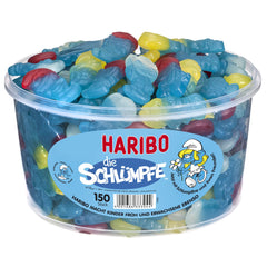Haribo tub front view showing Smurf gummies, brand and portioning benefit