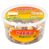HARIBO Tangfastics tub front packaging showing product and resealable lid for convenience