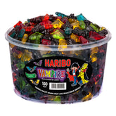 Haribo Vampires tub front view shows colourful gummies and sharing convenience