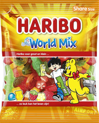 Haribo front packaging showing colorful World Mix for easy identification