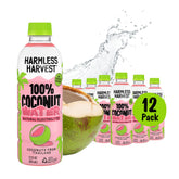 Harmless Harvest front bottle showing label and natural coconut water benefit