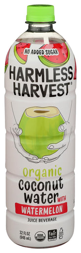 Harmless Harvest front label showing 32 oz bottle and organic badge benefits