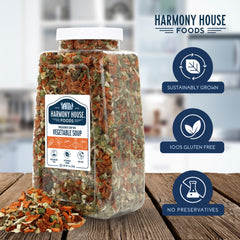 Harmony House open jar top view revealing dehydrated vegetable mix for quick meals