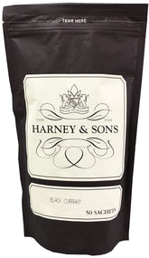Harney & Sons front packaging showing 50 sachets and resealable bag, clear convenience advantage