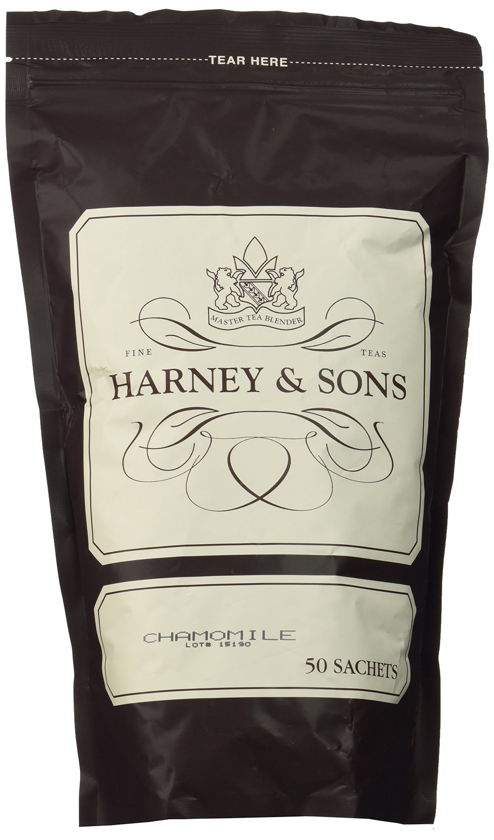 Harney & Sons front packaging showing 50 chamomile sachets and clear branding for easy gifting
