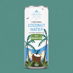 Harney & Sons coconut water can next to a hand and cooling rack showing size and on-the-go refreshment
