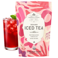 Harney & Sons front pack showing hibiscus pouch and clear pitcher benefit: easy gallon brewing