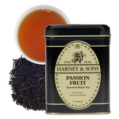 Harney & Sons passion fruit tin front view showing decorative label and compact storage benefit