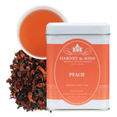 Harney & Sons tin front showing peach fruit herbal tea, clear labeling and appealing design