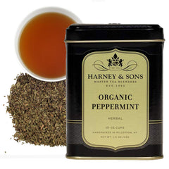 Harney & Sons peppermint tin front showing label and compact storage benefit