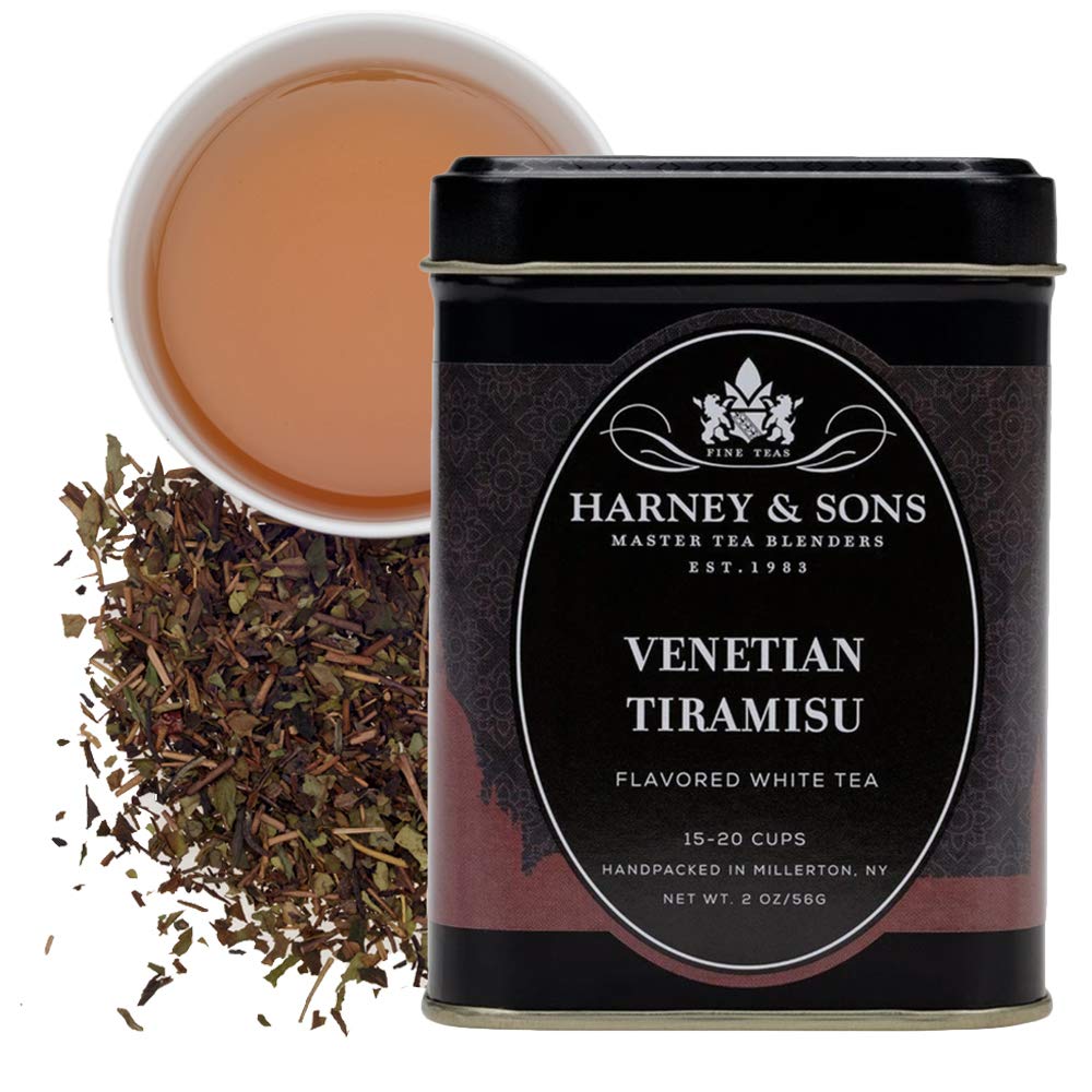 Harney & Sons tin front view showing Venetian Tiramisu label and attractive packaging benefit: elegant gift presentation
