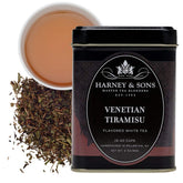 Harney & Sons tin front view showing Venetian Tiramisu label and attractive packaging benefit: elegant gift presentation