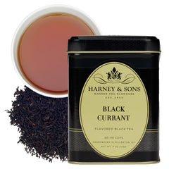 Harney & Sons tin front view showing brand and black currant tea for convenient storage