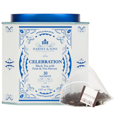 Harney & Sons celebration sachet close-up revealing tea pieces and flavor notes for easy brewing