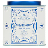 Harney & Sons celebration tin front showing festive label and 30 sachets benefit gift-ready packaging