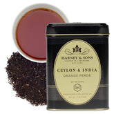 Harney & Sons tin front view showing brand and decorative label, protects freshness