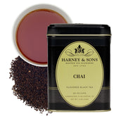 Harney & Sons chai tin front view showing decorative packaging and premium loose leaf benefit