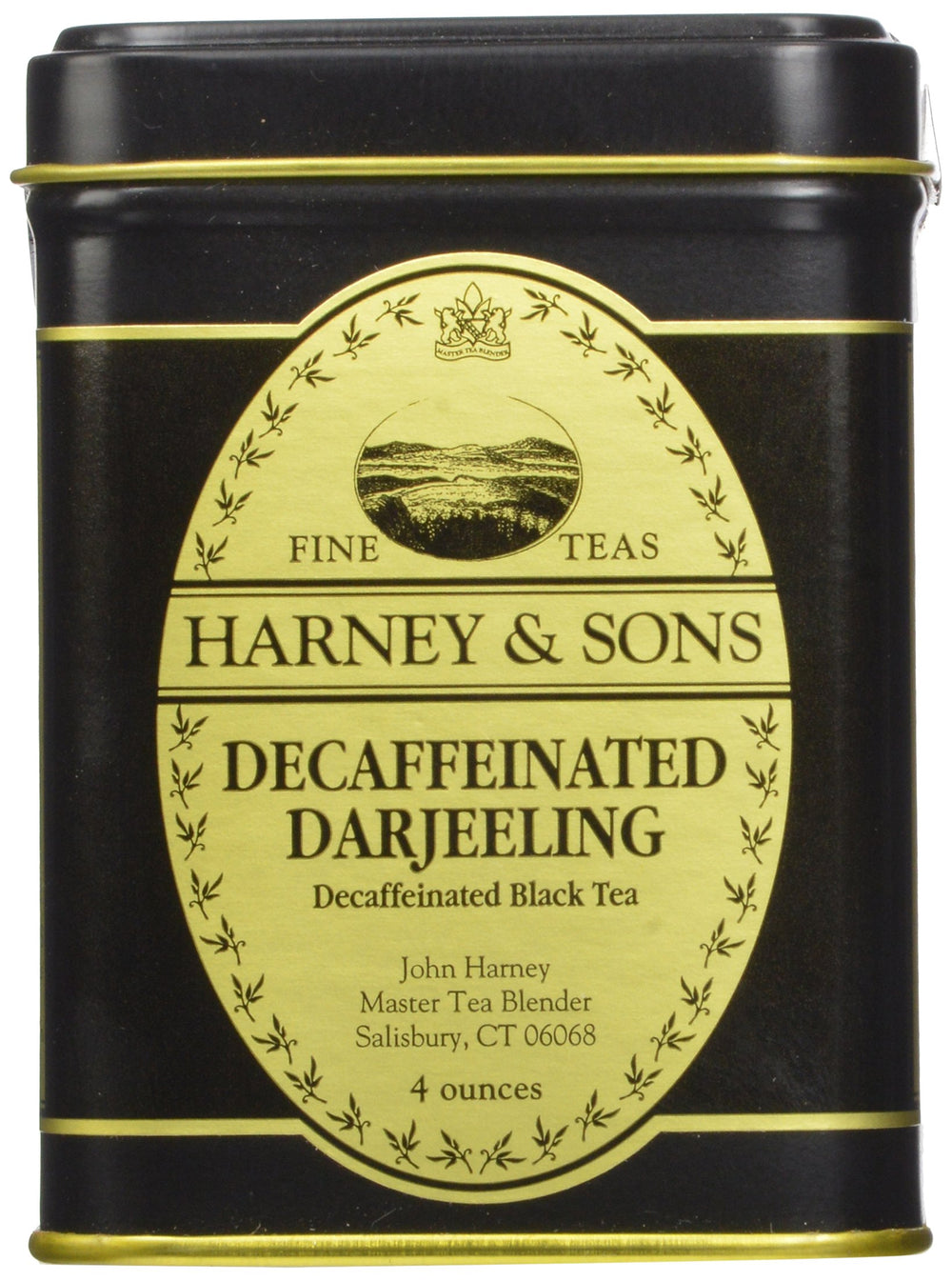 Harney & Sons front tin showing decaffeinated Darjeeling label and storage benefit